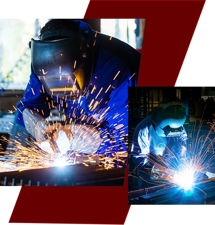 A collage of welding images with red and black background.